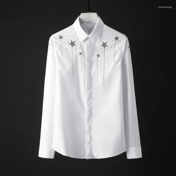 Camisas casuais masculinas Minglu algodão mens luxo checo cristal broca design vestido de manga longa plus size 4xl homem estrelado