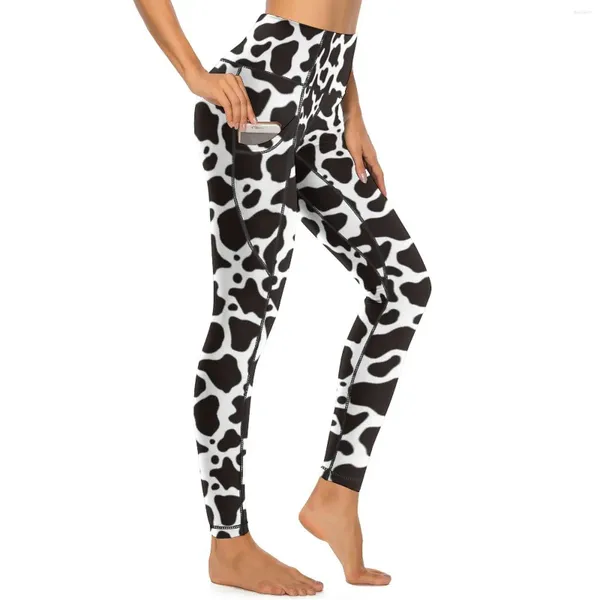 Leggings femininas estampa de vaca sexy manchas pretas imprimir cintura alta calças de yoga novidade estiramento leggins senhora design correndo calças esportivas