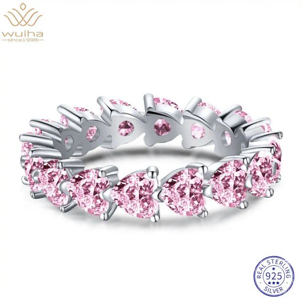 Anelli WUIHA Vero Argento Sterling 925 Ghiaccio Tritato Cuore Taglio Fila Zaffiro Rosa Anello Moissanite Sintetico per le Donne Regalo Trasporto di Goccia