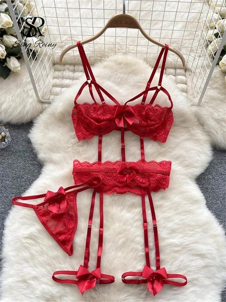 BH-Sets SINGREINY Weihnachten Blumenspitze Sexy Bodys Transparente rückenfreie Dessous Playsuits Tangas Sheer Hollow Out Erotische Nachtwäsche