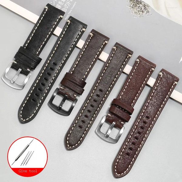 Assista Bandas 18 20 22 24mm Strap Preto Marrom Escuro Genuíno Couro Pulseira de Aço Inoxidável Fivela Marca Geral Acessórios Masculinos