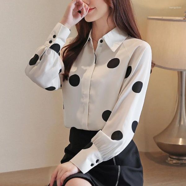 Frauen Blusen Mode Frau Bluse 2024 Chiffon Hemd Frauen Langarm Weiß Polka Dot Koreanische Weibliche Äußere Tops Laterne