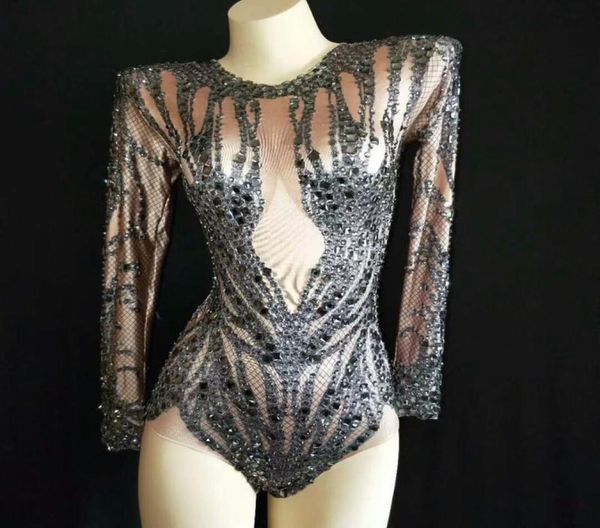 Stage Wear Sparkly Black Cristais Nude Bodysuit Mulheres Performance Outfit Costume Party Comemore Glisten Rhines Leotard WearStage1352707