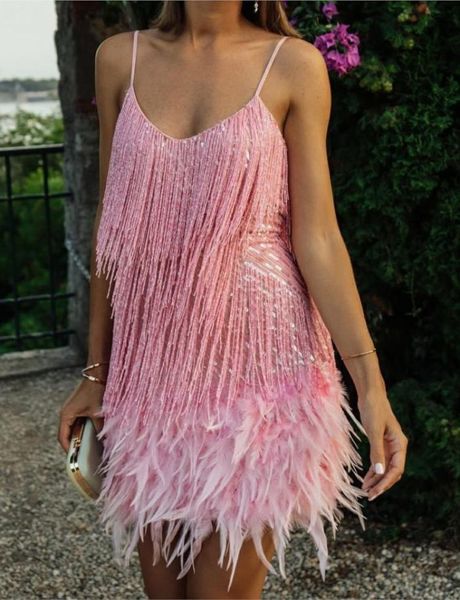 Abiti casual Retro Pink Feather Nappa Flapper Dress Summer Women Short senza maniche Shift Mini Cocktail Prom Gown Frangia latina Dr7015118