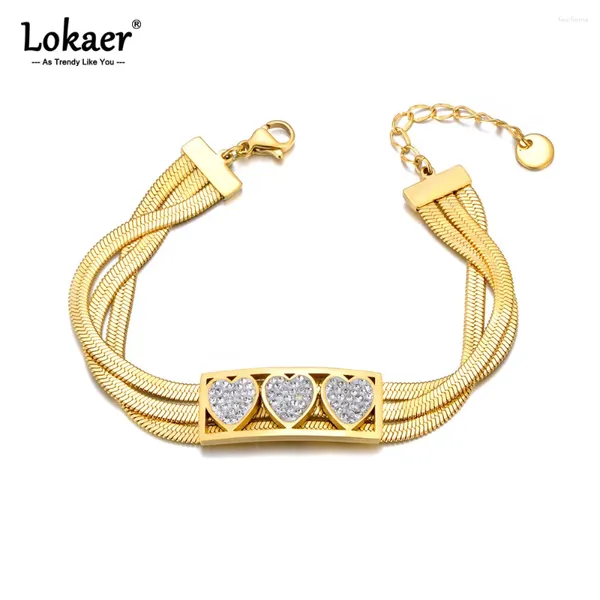 Link pulseiras de aço inoxidável banhado a ouro três camadas corrente coração pulseira para mulheres moda declaração na moda jóias à prova dwaterproof água