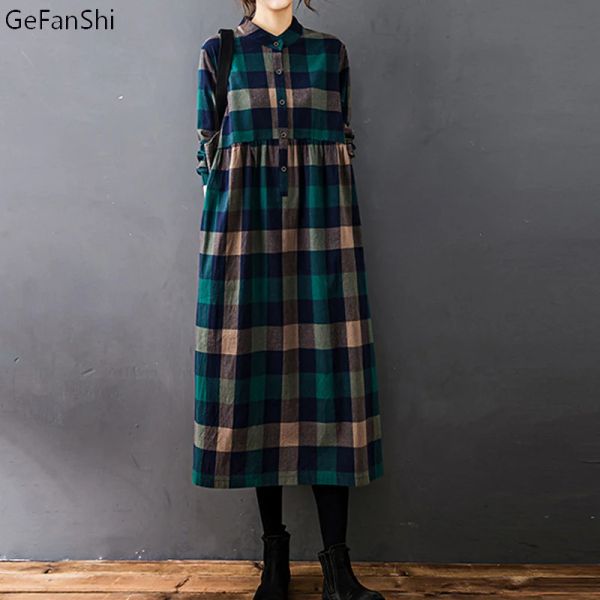 Abiti Nuovo Autunno Inverno Abito da donna Plaid vintage Casual Allentato Moda Cotone Lino Manica lunga Abiti eleganti da donna Abbigliamento