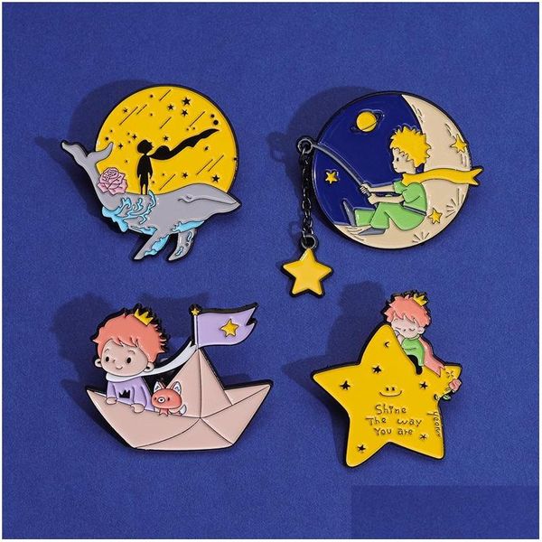 Accessori per cartoni animati Spille smaltate Prince Fox Personalizzate Stella di luna Barca di carta Spille balena Distintivi da bavero Regalo di gioielli per bambini Amici Dro Dhgtb