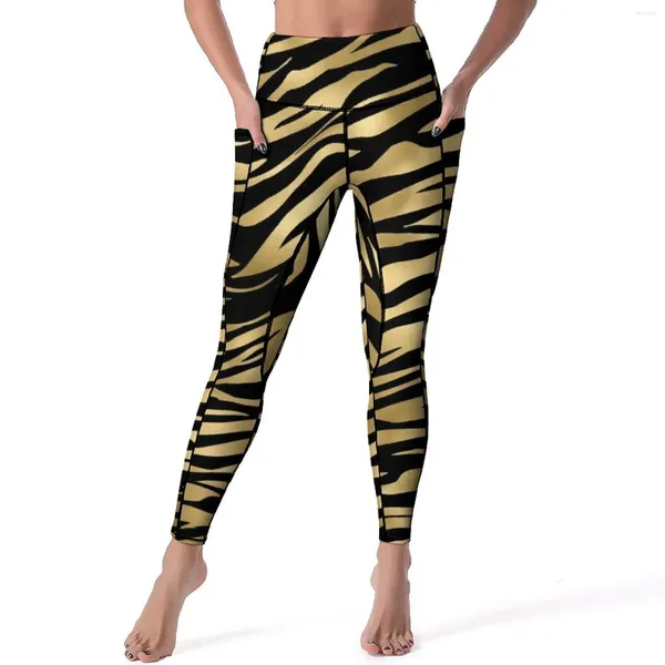 Leggings femininas preto e dourado tigre impressão calças de yoga bolsos listras de pele animal sexy cintura alta esportes collants fitness leggins