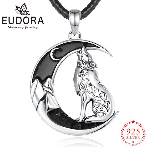 Halsketten Eudora 925 Sterling Silber Celtic Wolf Halskette Schwarz Zirkon Mond Anhänger Tierreihe Schmuck Persönlichkeit Geschenk für Männer Frauen Frauen