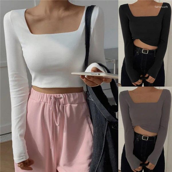 Frauen T-Shirts Frauen Crop Top Square Neck Low Cut Lady Tank Slim Fit Lange Ärmel Pullover Elastische Frühling weibliche Kleidung