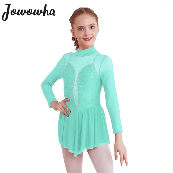 Palco desgaste crianças meninas ballet lyrical dança vestido ginástica figura patinação desempenho traje manga longa brilhante strass collant tutu