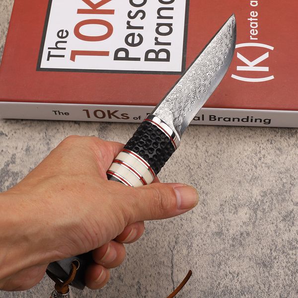 A2251 Прямой охотничий нож для выживания на открытом воздухе VG10 Дамасская сталь с прямым лезвием с деревянной ручкой Ножи с фиксированным лезвием и кожаными ножнами