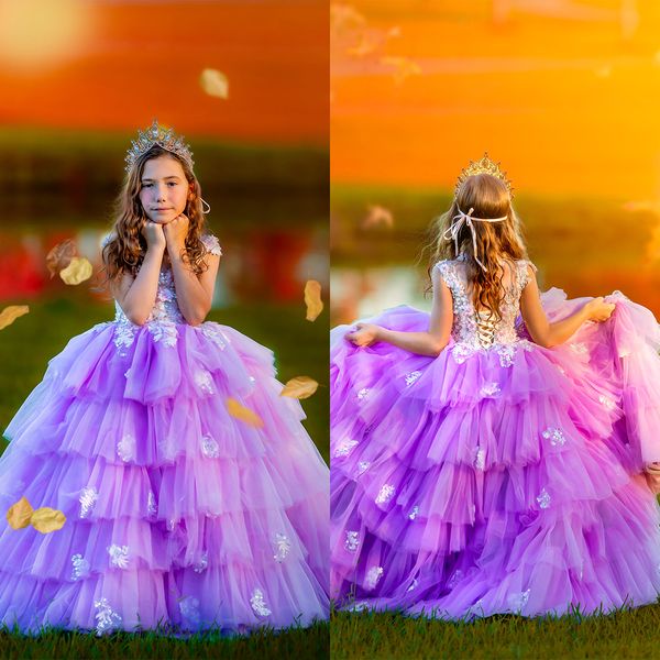 Lindo vestido floral para meninas, apliques de casamento, renda, em camadas, vestido infantil, festa de aniversário, vestidos de festa de aniversário