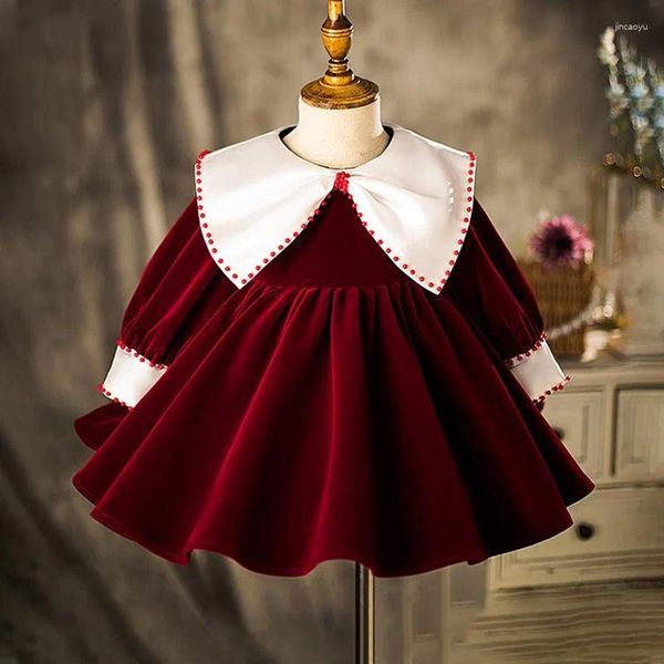 Abiti da ragazza 2024 Abito a fiori rosso vino per matrimonio Manica lunga Neonate Abbigliamento natalizio Abito da bambino per festa di compleanno del primo anno per bambini