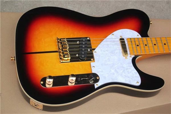 Venda quente acolchoado maple fingerboard tuff cão sunburst guitarra elétrica branco pérola pickguard ouro ferragem