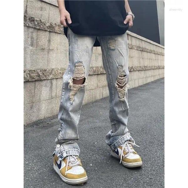 Jeans masculinos homem reto vintage lavagem denim calças primavera outono namorado buracos homens streetwear cacual designer calças a32