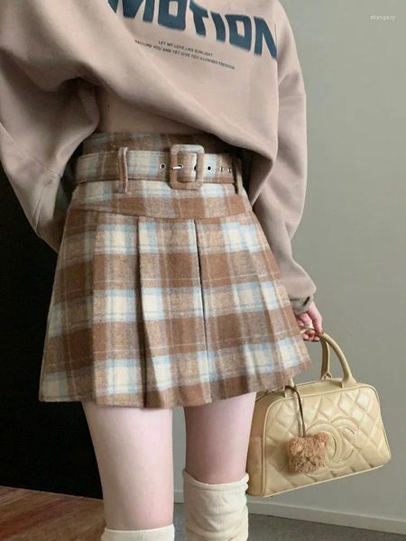 Юбки Клетчатая шерстяная плиссированная юбка для женщинВесна и осень 2024 Высокая талия с запахом бедра Миниатюрная короткая юбка