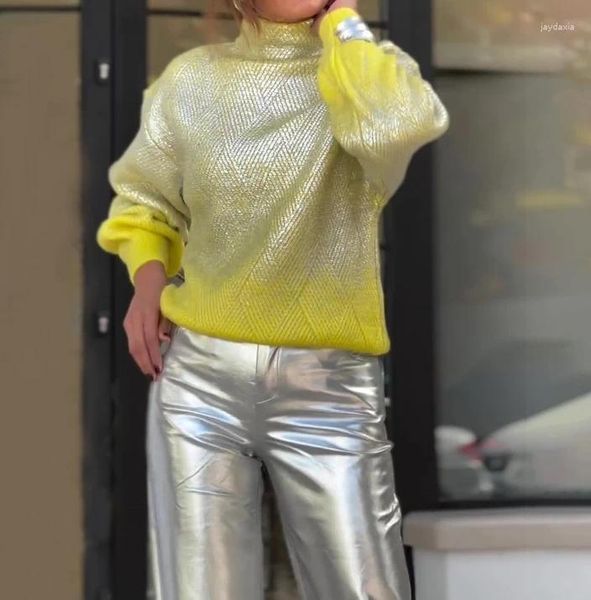Maglioni da donna Pullover 2024 Stamping Scollo alto Sfumato Argento Perm Maglione scozzese alla moda Abbigliamento casual