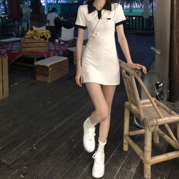 Kleid Polo Damen Kleid 2023 Sommer Y2K Ein Stück Korea Weiß Kurzarm Mini Rock Schlank Engen Kragen Kleid Weibliche Kpop Outfit Ins