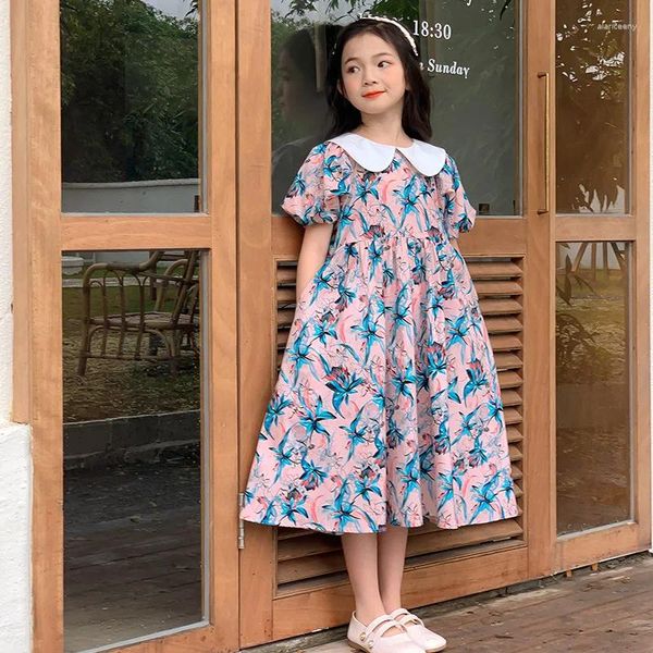 Платья для девочек Платье с цветочным принтом для девочек, лето 2024, детская одежда в студенческом стиле, детская принцесса с лацканами и пышными рукавами #7319