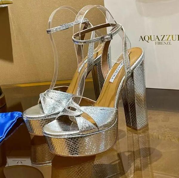 Сандалии Aquazzura Sinner Plateau 140 мм Золотой Женский с ощущением металлика Платформа Босоножки на высоком каблуке на массивном каблуке Туфли с ремешком на щиколотке Вечерняя обувьВечеринка,Платье,Вечер