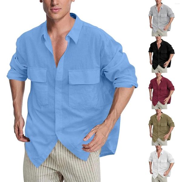 Camisetas masculinas moda primavera e outono casual algodão linho manga comprida lapela camisa tops respiráveis