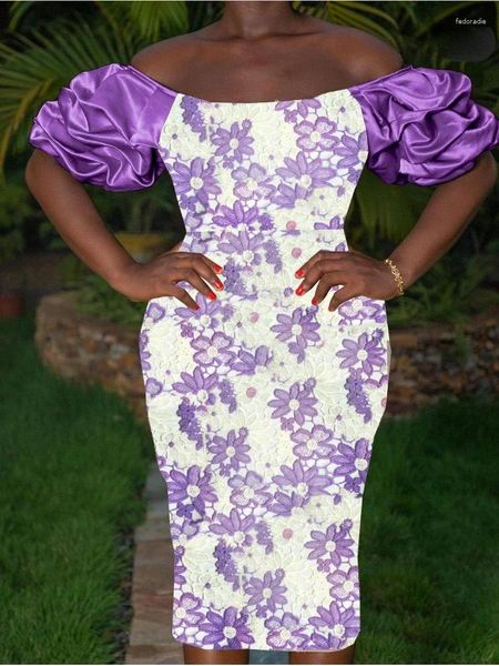 Plus size vestidos femininos bodycon branco roxo vestido de renda fora do ombro mangas puff evento aniversário casamento convidado ocasião vestidos africanos