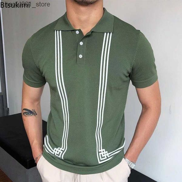 Herren-T-Shirts, heißer Verkauf, Herren-Sommerkleidung, Luxus-Stil, schlanke grüne Streifen-Polo-Shirts, männlich, gestrickt, kurzärmelig, Polo-T-Shirts, Herren-Shirts, Q240220