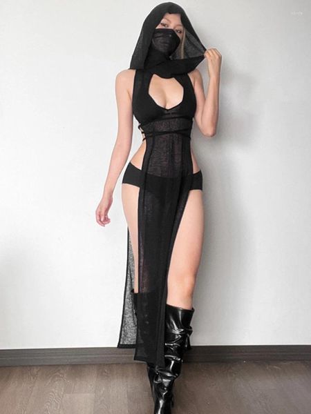 Vestidos casuais gótico verão alta rua viagem legal confiante preto misterioso sexy aberto avant-garde vestido com capuz feminino