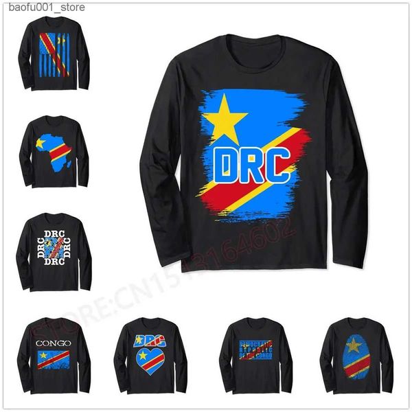 Homens camisetas República Democrática do Congo Legend RDC RDC Bandeira Manga Longa Camiseta Homens Mulheres Unisex T-shirt LS Tops 100% Algodão Tees Q240220