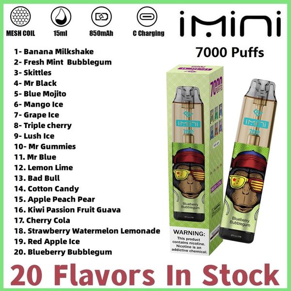 Imini 7000 Puffs Ondosable Vape Pen E Cigarettes Pod Сетчатая катушка 6 светящиеся цвета. Перезаряжаемая воздуха, регулируемое на воздухе.