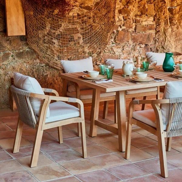 Conjunto de móveis de acampamento mesa de jardim com cadeiras de 6 lugares ao ar livre madeira de teca natural -Elmar