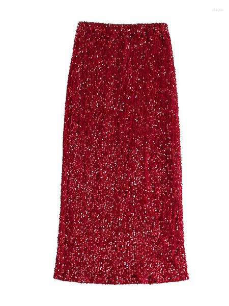 Gonne Gonna rossa con paillettes moda Donna Solido lucido sciolto vita elastica femminile 2024 Primavera Estate Ladies Club Clothes