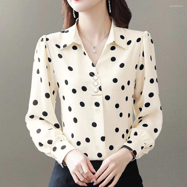 Blusas femininas 2024 outono pontos chiffon camisas femininas harajuku estilo com decote em v manga longa senhora do escritório casual básico topos