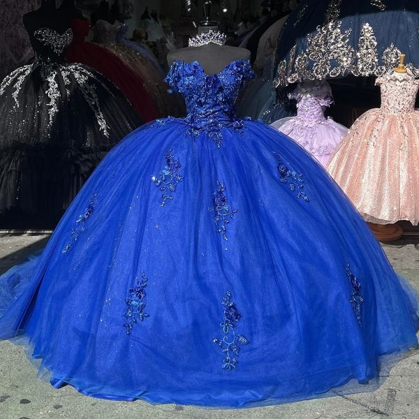 Blau glänzende Tulle Quinceanera Kleider Schatz Perlen Applikat Spitzenballkleid Süße Sechzehn Kleiderkleider Vestidos 15 de 0417