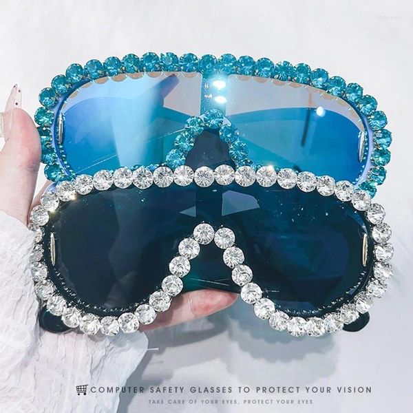 Óculos de sol luxo oversized espelho revestimento mulheres óculos uv400 grande quadro strass personalidade hip hop