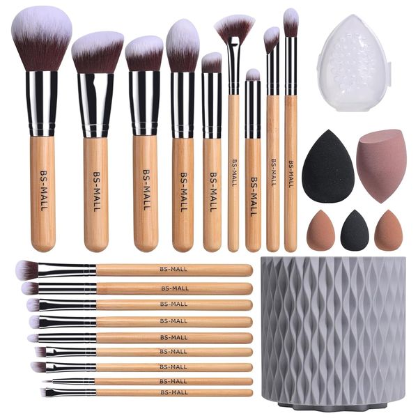 BS-MALL Make-up-Pinsel aus Bambus, Premium-Synthetik, Foundation, Puder, Concealer, Lidschatten, 18-teiliges Pinselset mit 5 Schwammhaltern, Schwammetui