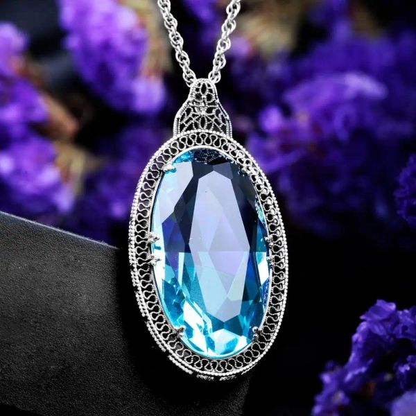 Halsketten 925 Sterling Silber Anhänger für Frauen Vintage Oval Aquamarin Edelstein Anhänger Halskette Gothic Style Fein Schmuck Großhandel Neues Neues