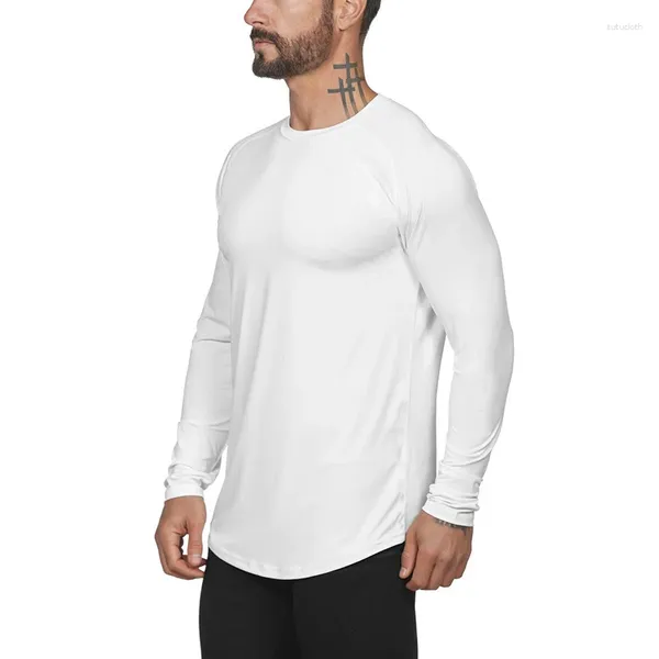 Camiseta masculina de malha sólida, camisa de manga longa, roupas de marca de moda, slim fit, fitness, alta elasticidade, gola redonda, musculação, camiseta masculina