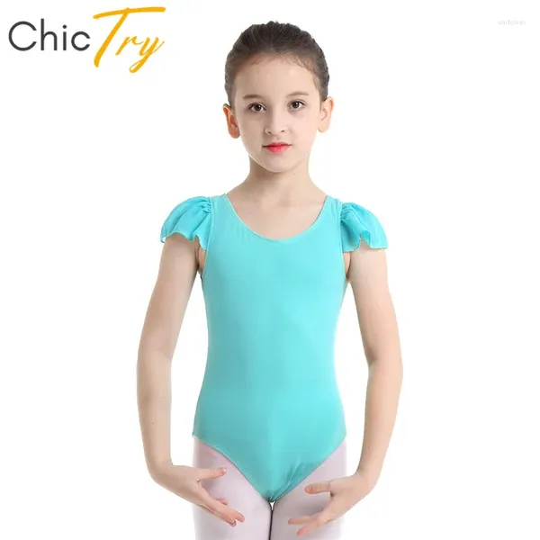 Bühnenkleidung ChicTry Kinder Ballett-Trikot mit Rüschenärmeln für Kinder und Mädchen, einfarbig, Gymnastik, Sport, Workout, Body, Tanzkostüm