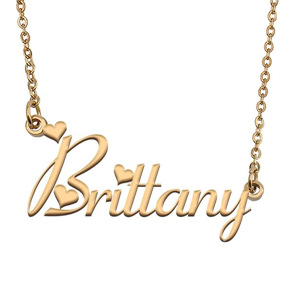 Collana con nome Brittany Ciondolo con targhetta personalizzata per donne Ragazze Regalo di compleanno Bambini Migliori amiche Gioielli Ciondolo in acciaio inossidabile placcato oro 18k