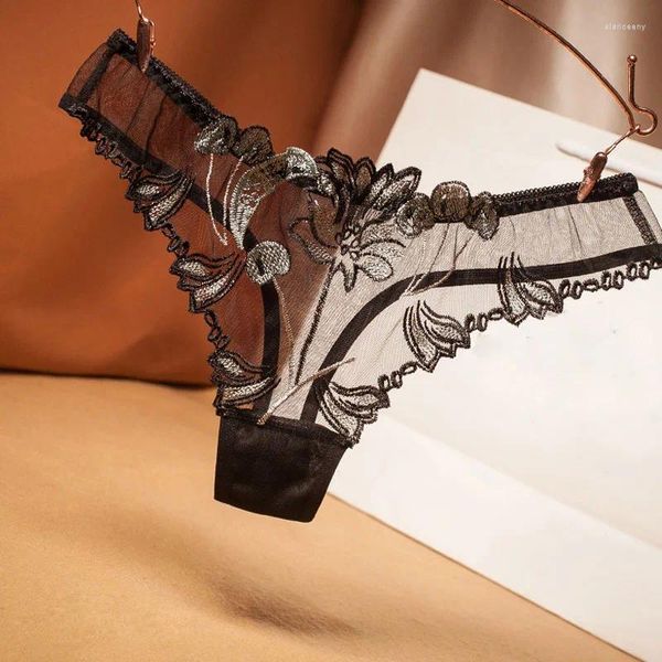 Calcinha feminina mulheres sexy g-string laço transparente bordado flor lingerie cintura baixa tentação roupa interior senhoras sem costura tanga