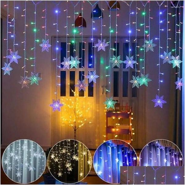 Cordas de led cordas ao ar livre natal floco de neve led cortina luzes da corda memória 8 modos piscando à prova dwaterproof água feriado partyconnectablew dhrdw