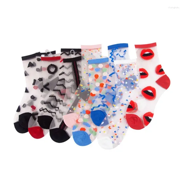 Frauen Socken Sommer Ultra-dünne Kreative Transparent Mesh Kristall Für Mädchen Lustige Muster Atmungsaktive Glas Seide