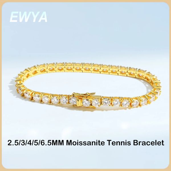 Bangles Ewya Real 2.5/3/4/5/6,5mm de tênis de moissanita cheia para homens S925 Silver Batilhed 18k Yellow Gold Diamond Bracelets