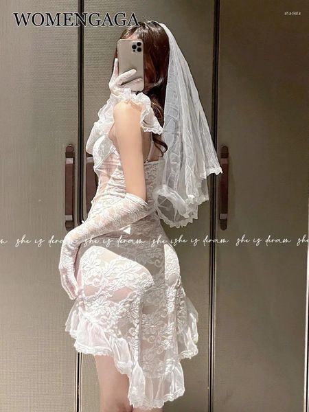 Abiti casual WOMENGAGA Esotico Cosplay Sposa Sottile Maglia di pizzo Trasparente Abito da sposa Sexy Mini Set Uniforme di moda Top IX52