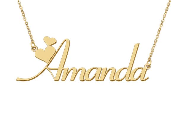 Amanda Namenshalskette, individueller Namensschild-Anhänger für Frauen, Mädchen, Geburtstagsgeschenk, Kinder, beste Freunde, Schmuck, 18 Karat vergoldeter Edelstahl