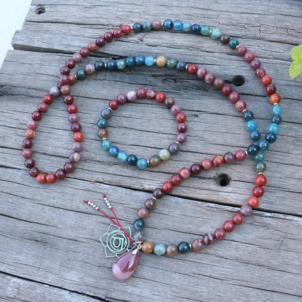 Halsketten 8 mm Natursteinperlen, Mookait, indischer Achat, Chakra, JapaMala-Sets, spiritueller Schmuck, Meditation, inspirierend, 108 Mala-Perlen