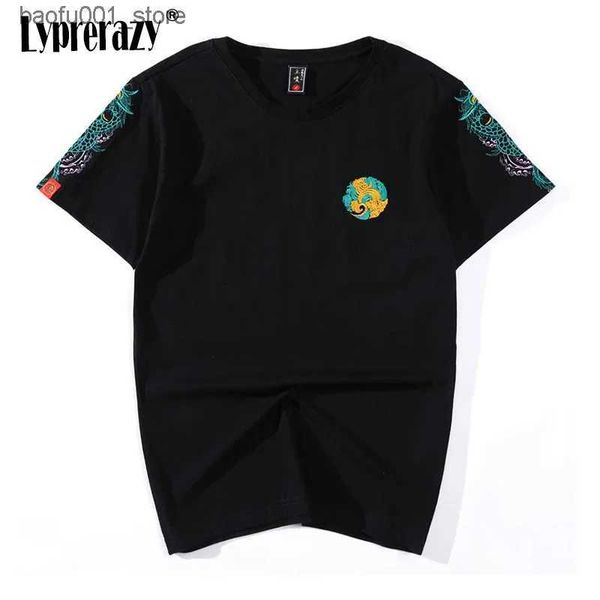 Homens camisetas Lyprerazy Streetwear Dragão Bordado Camiseta Homens Hip Hop Algodão O-pescoço Estilo Chinês Mens Verão Camiseta Casual Harajuku Tee Q240220