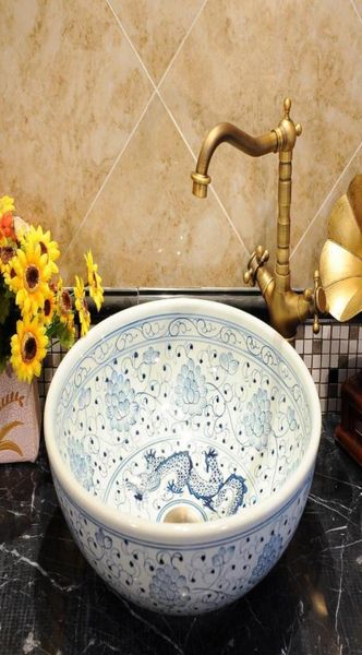 Pia de cerâmica antiga chinesa, lavatório de cerâmica, bancada de cerâmica, pia de banheiro, azul e branco, bacia de lavagem, 1909038
